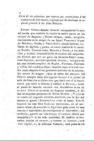 Carta de un valenciano que expresa sus sentimientos á mi separación de todo mando, creyendo que iba destinado de segundo general á las Islas Baleares