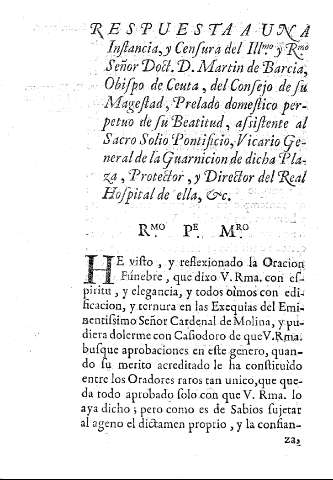 RESPUESTA A UNA Instancia, y Censura del ILLmo. y Rmo. Señor Doct. D. Martin de Barcia, Obispo de Ceuta, ...