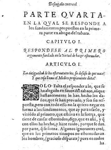 Parte quarta en la qual se responde a los fundamentos propuestos en la primera parte en abono del tabaco