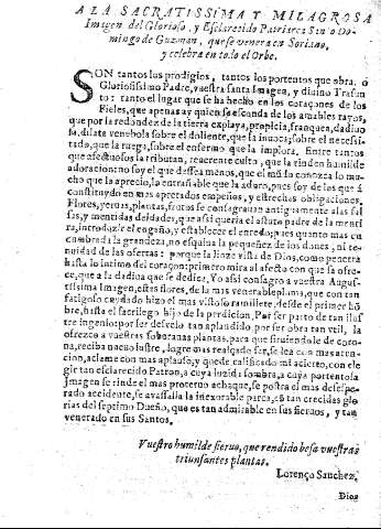 A la Sacratissima y milagrosa imagen del Glorioso, y esclarecido Patriarca Santo Domingo de Guzman ...
