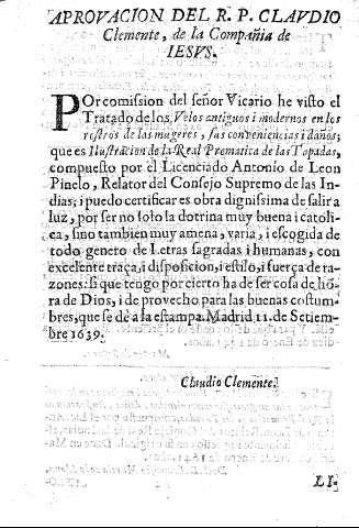 Aprovacion del R.P. Claudio Clemente, de la Compañia de Iesus