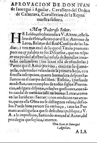 Aprovacion de Don Ivan de Iauregui i Aguilar, Cavallero del Orden de Calatrava, Cavallerizo de la Reyna nuestra Señora