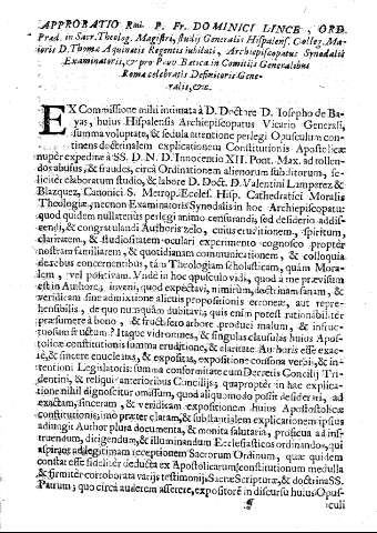 Approbatio Rmi. P. Fr. Dominici Lince Ord. ...