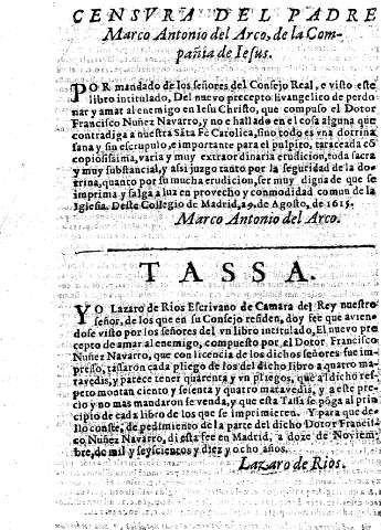 Censura del padre Marco Antonio del Arco, de la Compañia de Iesus. Tassa.