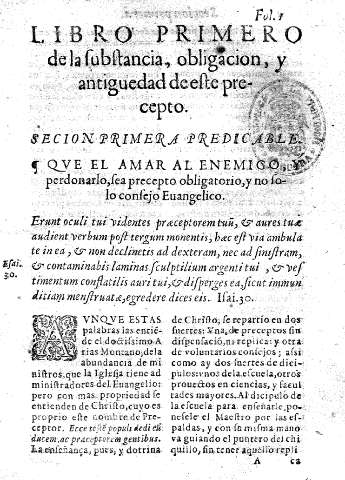 LIBRO PRIMERO de la substancia, obligacion, y antiguedad de este precepto. Secion primera.