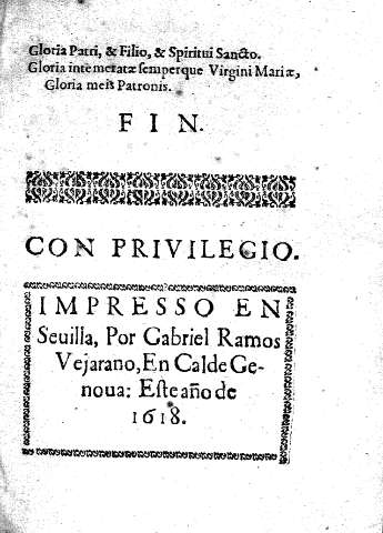 Impresso en Sevilla, En Calde Genova: este año de 1618.