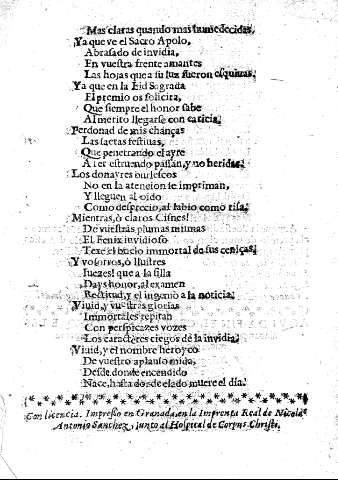Con licencia. Impreso en Granada, en la Imprenta Real de Nicolas Antonio Sanchez, iunto al Hospital de Corpus Christi