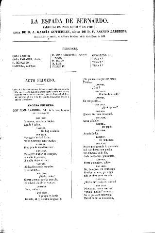 La espada de Bernardo. Zarzuela en tres actos y en verso. Letra de D. Antonio García Gutiérrez, música de D. F. Asenjo Barbieri