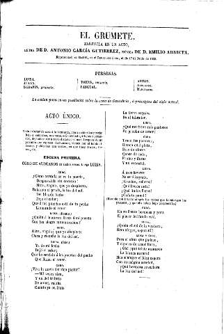El Grumete. Zarzuela en un acto. Letra de D. Antonio García Gutiérrez, música de D. Emilio Arrieta