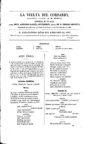 La vuelta del Corsario (Segunda parte de El Grumete). Zarzuela en un acto. Letra de D. Antonio García Gutiérrez, música de D. Emilio Arrieta