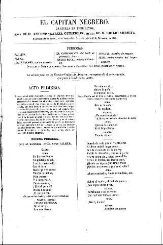 El Capitán Negrero. Zarzuela en tres actos. Letra de D. Antonio García Gutierrez, música de D. Emilio Arrieta