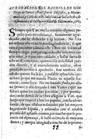 Aprobacion del Bachiller Don Diego de Torres, professor de filosofía ... de la Universidad de Salamanca.