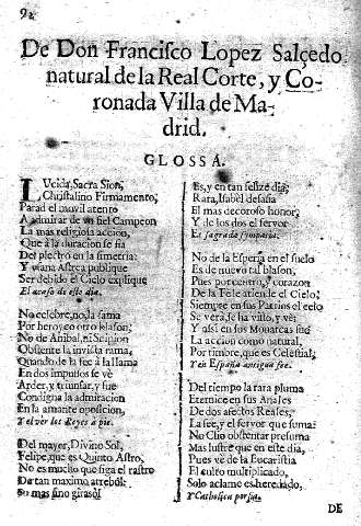 De Don Francisco Lopez Salcedo de la Real Corte, y Coronada Villa de Madrid.