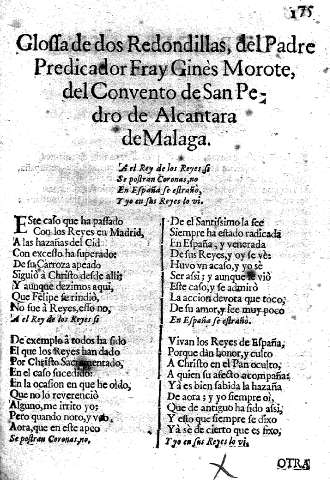 Glossa de dos Redondillas, del Padre Predicador Fray Gines Morote, del Convento de San Pedro de Alcantara de Malaga.