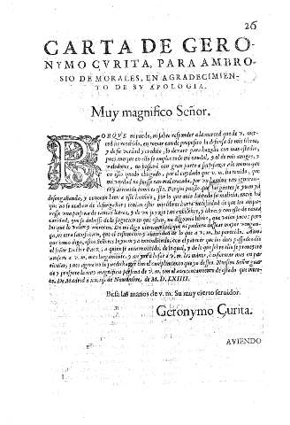 Carta de Geronymo Çurita, para Ambrosio de Morales, en agradecimiento de su apologia.