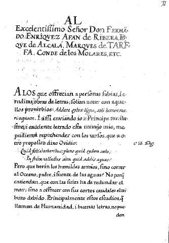 Al Excelentiffimo Señor Don Fernado Enriquez Afan de Ribera Dvqve de Alcalá, Marqves de Tarifa, Conde los Morales, etc.