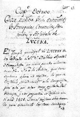 Capº. Octavo. Dase noticia delas erecciones de Parroquias, Conventos, Hermitas y Hofpitales de LVCENA