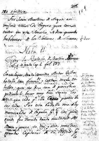 Nota 11. Sobre la Batalla de Martin Gonzales, q se trata Cap. 6. fol. 107