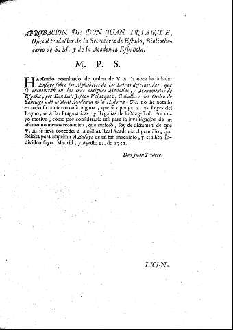 Aprobación de Don Juan Yriarte