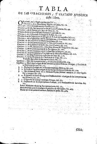 Tabla de las Oraciones, y Tratado apéndice deste Libro
