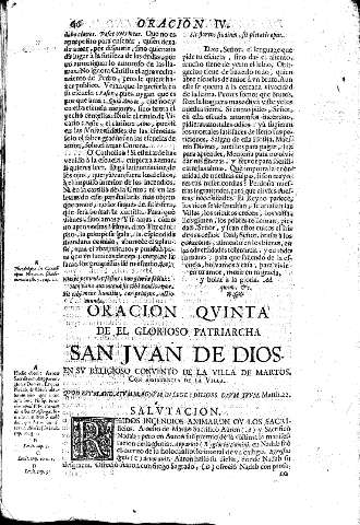 Oracion Qvinta. De el glorioso Patriarcha San Jvan de Dios en sv religioso convento de la villa de Martos