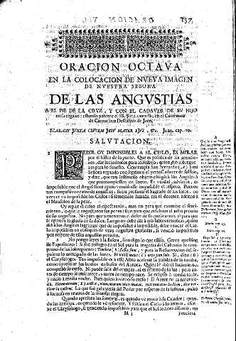 Oracion Octava. En la colocacion de nveva imagen de Nvestra Señora de las Angvstias a el pie de la Crvz, y con el cadaver de sv Hijo en su regazo