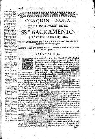 Oracion Nona de la Institvcion de el SSmo. Sacramento y lavatorio de los pies, en el convento de Santa Anna de Religiosas Franciscas Descalzas de Jaen
