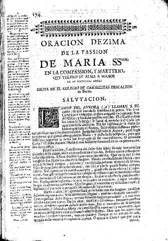Oracion Dezima. De la Passion de Maria SSma. en la Compasision, y Martyrio, qve tolero sv alma a manos de sv maternal amor. Dicha en el Colegio de Carmelitas Descalzos de Baeza