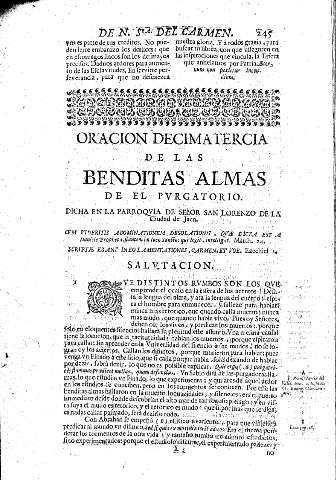Oracion Decimatercia. De las almas de el Pvrgatorio, dicha en la Parroqvia de Señor San Lorenzo de la Ciudad de Jaen