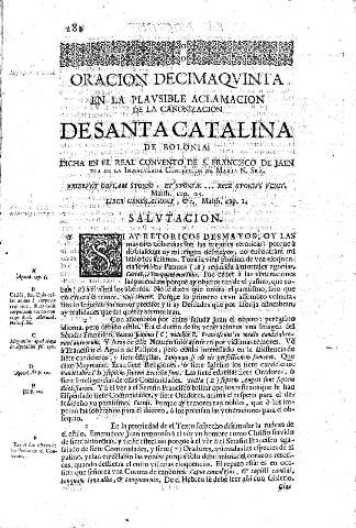Oracion Decimaqvinta. En la plavsible aclamacion de la canonizacion de Santa Catalina de Bolonia, dicha en el Real Convento de San Francisco de Jaen