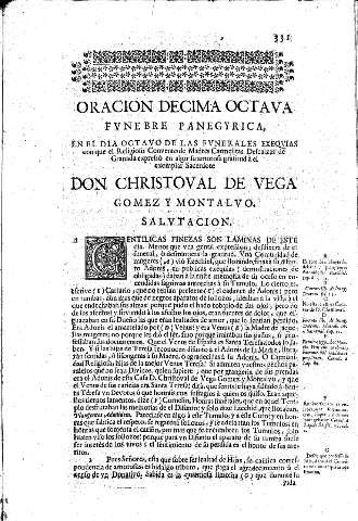 Oracion Decima Octava. Fvnebre Panegyrica, en el dia octavo de las fvnerales exeqvias con que el Religioso Convento de Madres Carmelitas Descalzas de Granada expressò en algo su amorosa gratitud à el exemplar Sacerdote  Don Christoval de Vega Gomez y Mont