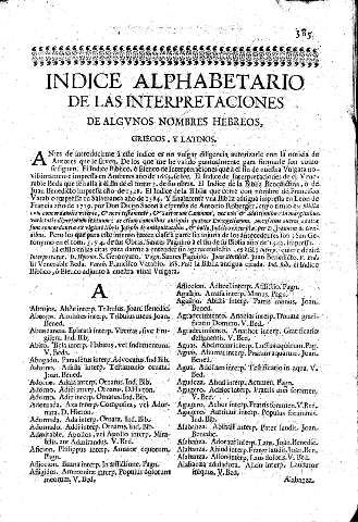 Indice Alphabetario de las interpretaciones de algvnos nombres hebreos, griegos, y latinos