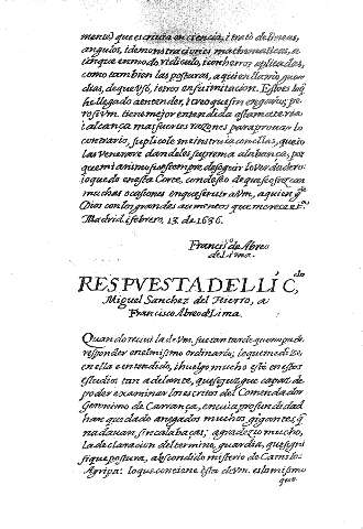 Respvesta del licdo., Miguel Sanchez del Hierro a Francisco Abreo deLima