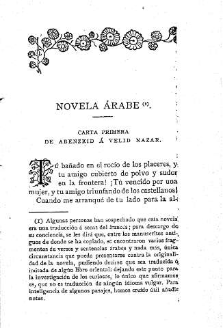 Novela árabe. Carta primera de Abenzeid á Velid Nazar
