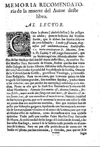Memoria recomendatoria de la muerte del Autor defte libro. Al lector