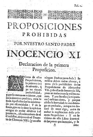 Proposiciones prohibidas por nvestro santo padre Inocencio XI