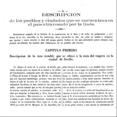 Descripcion de los pueblos y ciudades que se encuentran en el pais atravesado por la línea. Capitulo primero. Descripción de lo mas notable que se ofrece á la vista del viagero en la ciudad de Sevilla