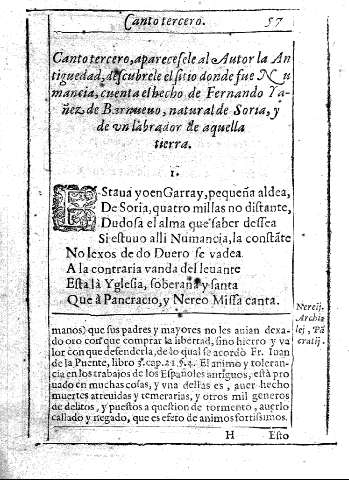 Canto tercero, aparecesele al Autor la Antiguedad, descubrele el sitio donde fue Numancia ...