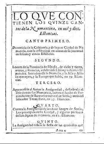 Lo qve contienen los qvinze cantos de la Numantina, en mil y diez Estancias