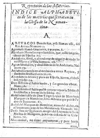 Indice alphabetico de las materias que se tratan en la Glossa de la Numantina