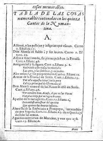 Tabla de las cosas memorables contenidas en los quinze Cantos de la Numantina