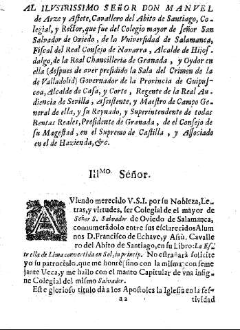 Al ilvstrissimo señor Don Manvel de Arze y Astete ...