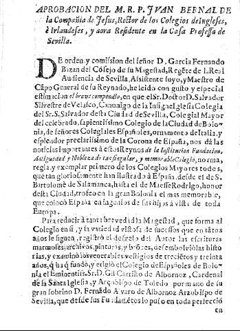 Aprobacion del M.R.P. Jvan Bernal de la Compañia de Jesus, Rector de los Colegios deIngleses, è Irlandeses, y ahora Residente en la Casa Prosessa de Sevilla