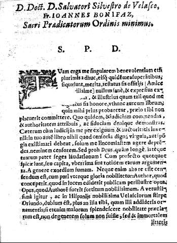 D.Doct. D.Salvatori Silvestro de Velasco, Fr. IOANNES BONIFAZ, Sacri Predicatorum Ordinis minimus