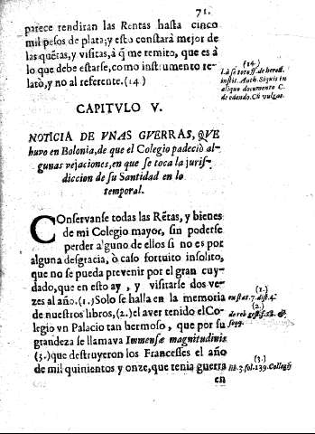 Capitvlo V. Noticia de vnas gverras, qve huvo en Bolonia,de que el Colegio padeció algunas vejaciones,en que se toca la jurisdiccion de su Santidad en lo temporal
