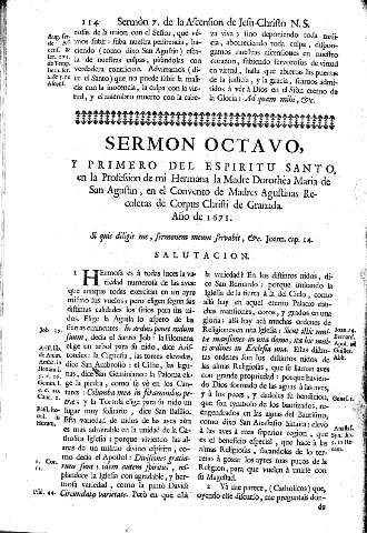 Sermon Octavo, y Primero del Espiritu Santo, en la Profession de mi Hermana la Madre Dorothèa Maria de San Agustin, en el Convento de Madres Agustinas Recoletas de Corpus Christi de Granada