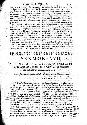Sermon XVII. Y Primero del Misterio Inefable de la Santisima Trinidad, en el Convento de Religiosas de Santa Inès de Granada
