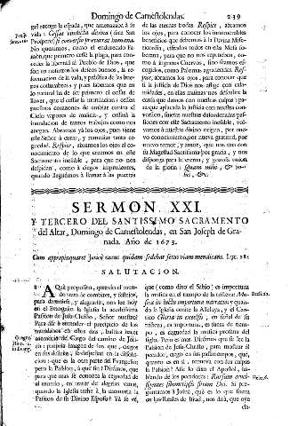 Sermon XXI. Y Tercero del Santissimo Sacramento, Domingo de Carnestolendas, en San Joseph de Granada