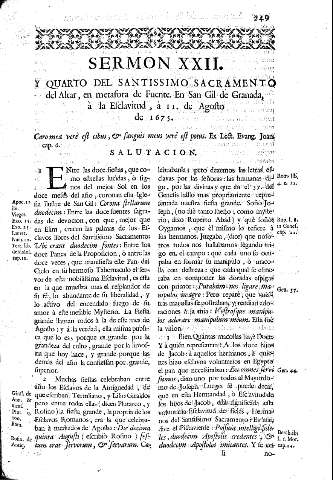 Srmon XXII. Y Quarto del Santissimo Sacramento del Altar, en metafora de Fuente. En San Gil de Granada
