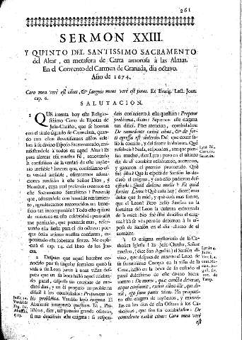 Sermon XXIII. Y Quinto del Santissimo Sacramento del Altar en metafora de Carta amorosa à las Almas. en el Convento del Carmen de Granada